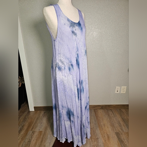 Summer Maxi Dress Blue Tie Die Rayon Sleeveless Tank Flowy Dress OS Lg - Picture 3 of 12